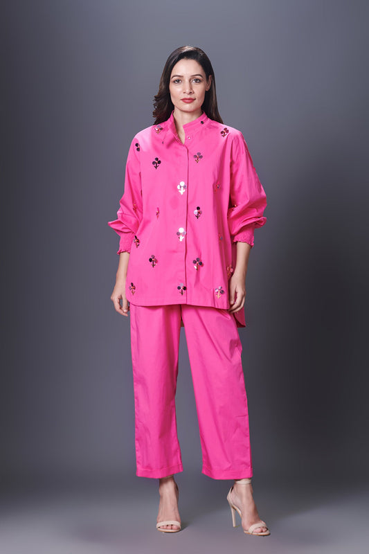 Pink Hand Embroidered Shirt With Pants Co-Ord Set