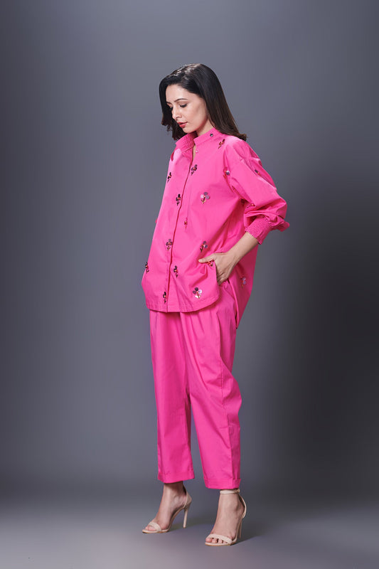 Pink Hand Embroidered Shirt With Pants Co-Ord Set