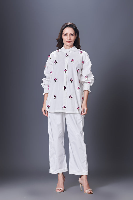 White Hand Embroidered Shirt With Pants Co-Ord Set