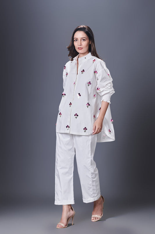 White Hand Embroidered Shirt With Pants Co-Ord Set