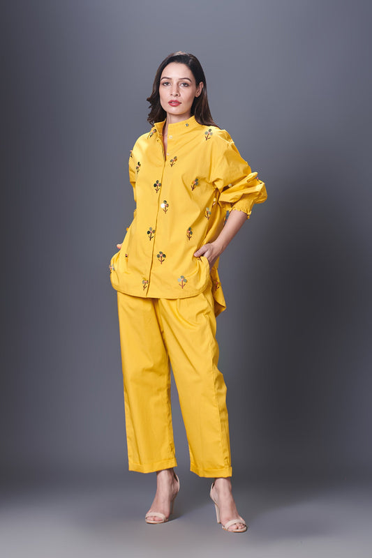 Yellow Hand Embroidered Shirt With Pants Co-Ord Set