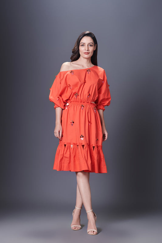Orange Hand Embroidered Off-Shoulder Side Cutout Dress