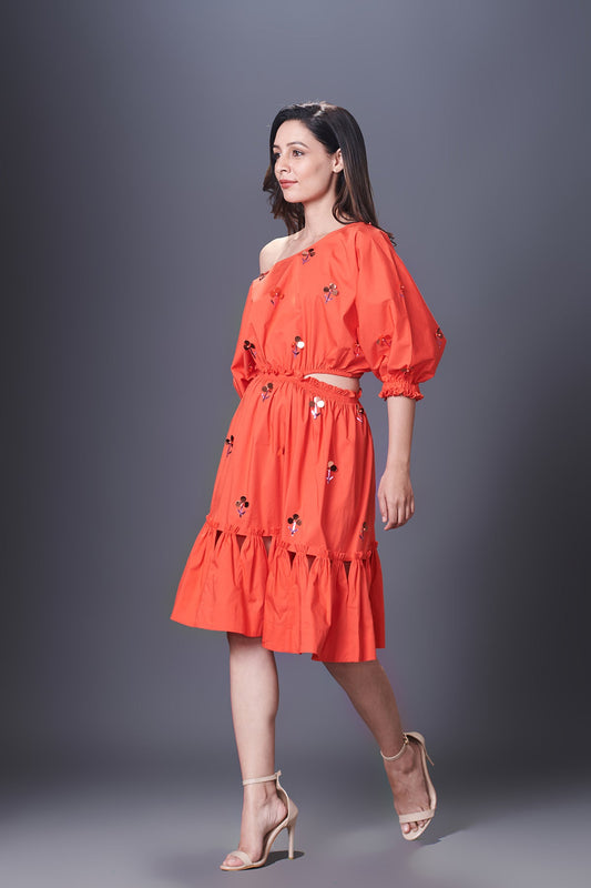 Orange Hand Embroidered Off-Shoulder Side Cutout Dress