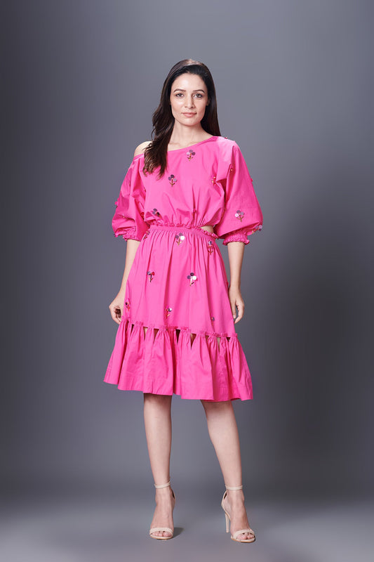 Pink Hand Embroidered Off-Shoulder Side Cutout Dress