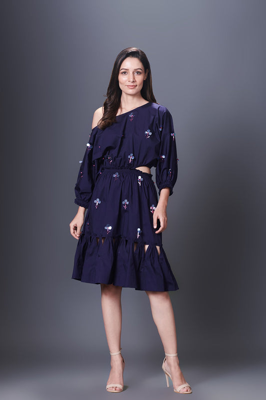 Purple Hand Embroidered Off-Shoulder Side Cutout Dress