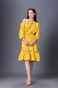 Load image into Gallery viewer, Yellow Hand Embroidered Off-Shoulder Side Cutout Dress