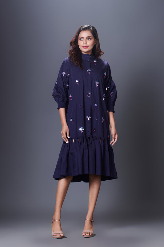 Purple Hand Embroidered Chinese Collar Puffed Sleeve Dress