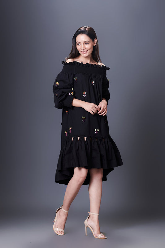 Black Hand Embroidered Off-Shoulder High-Low Dress Comes With Belt