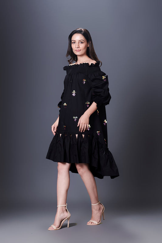 Black Hand Embroidered Off-Shoulder High-Low Dress Comes With Belt