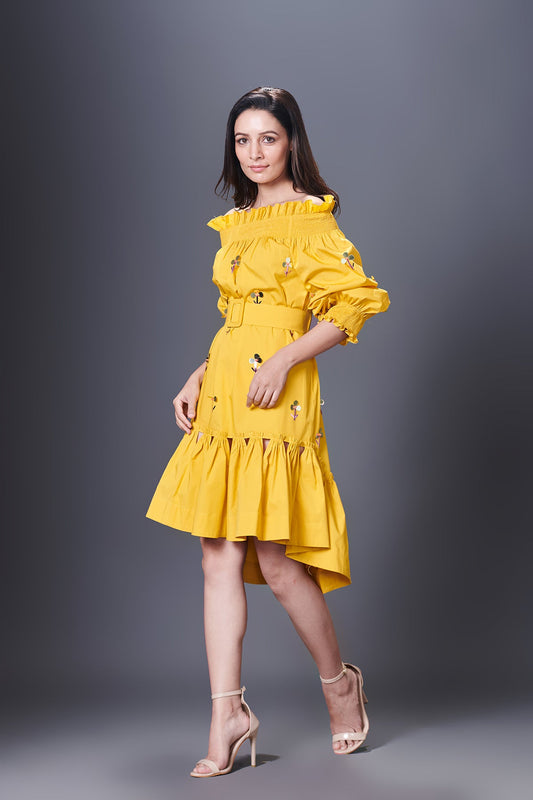 Yellow Hand Embroidered Off-Shoulder High-Low Dress Comes With Belt