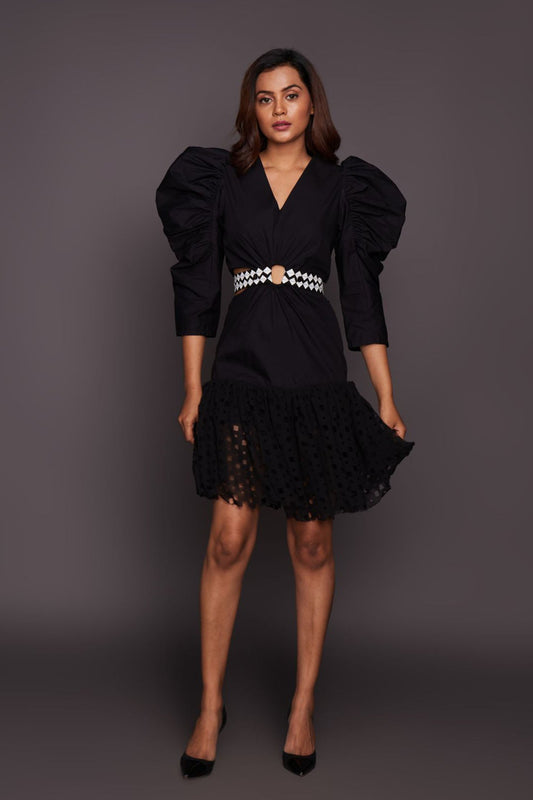 Black Side Cutout Dress With Cutwork And Belt