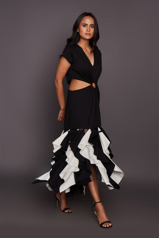 Black & White Side Cutout Dress With Ruffles