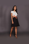 Load image into Gallery viewer, White & Black Short Midi Dress With Orange Side Tie-Up