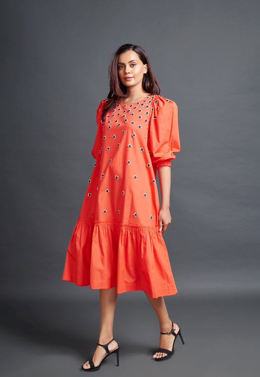 Orange Long Dress With Embroidery