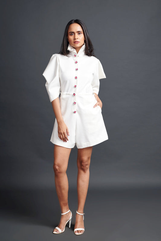 White High Neck Playsuit With Cutwork