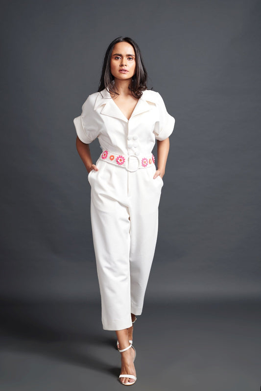 White Collared Jumpsuit With Belt