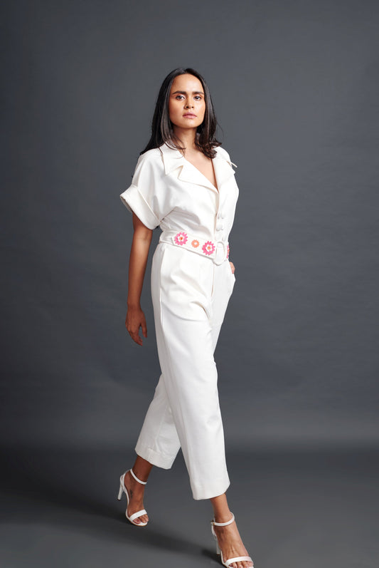 White Collared Jumpsuit With Belt