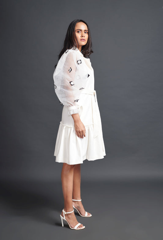 White Jacket Dress With Cutwork Sleeves