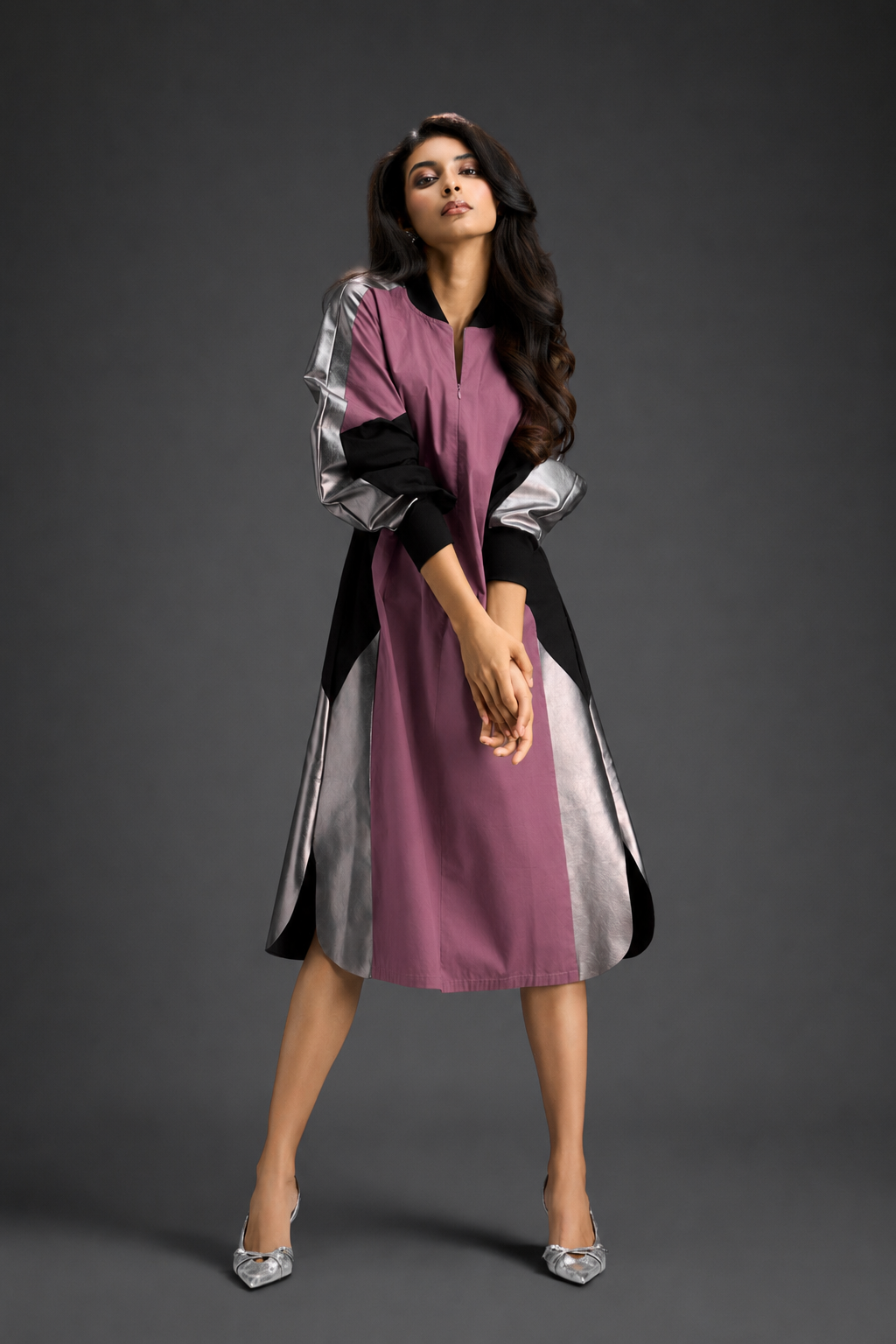 Statement Colourblock Midi Dress In Pink With Contrast Metallic Silver Side Panels And Balloon Sleeves