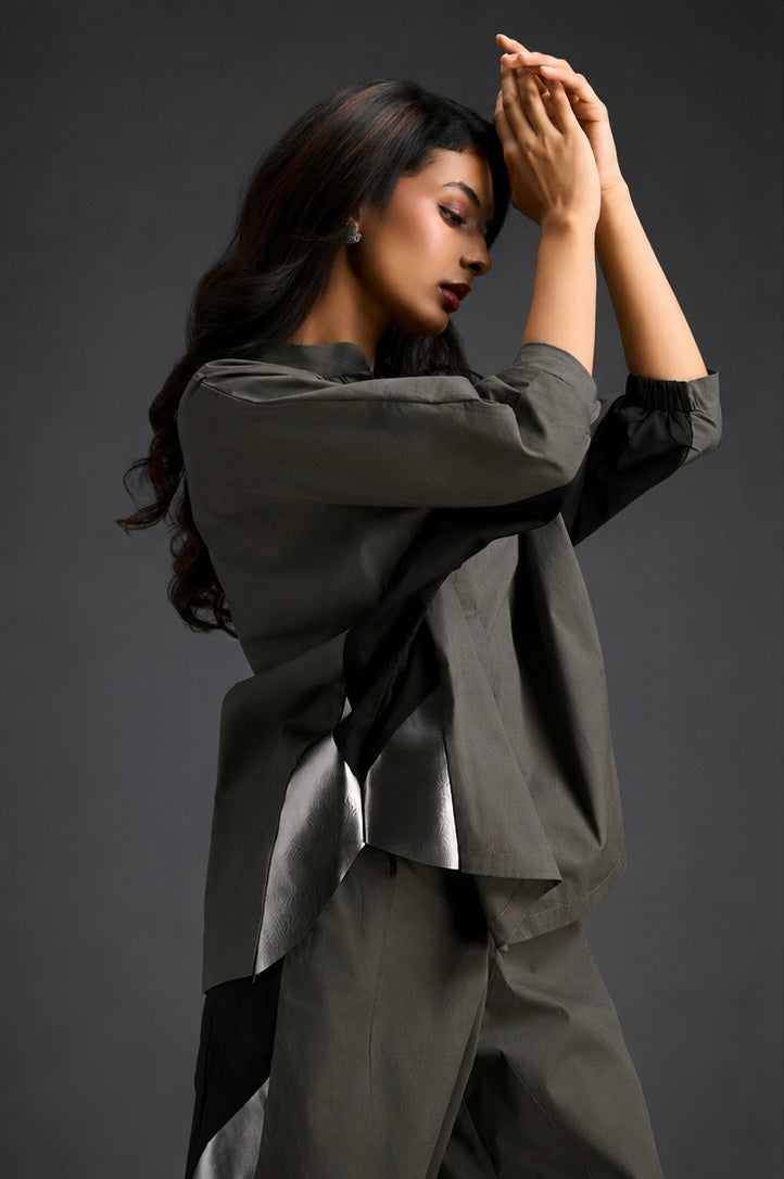Relaxed Warm Grey Co-ord With Loose-fit Dramatic-sleeve Shirt And Wide-leg Pants With Metallic Side Panels.