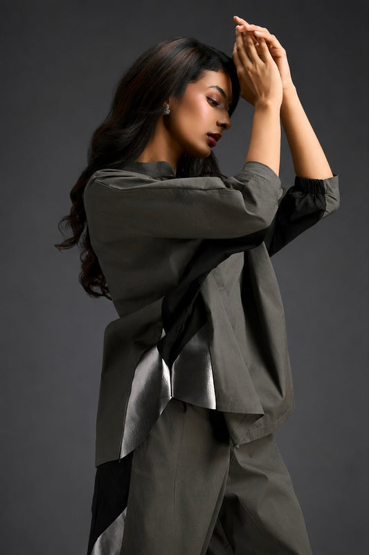 Relaxed Warm Grey Co-ord With Loose-fit Dramatic-sleeve Shirt And Wide-leg Pants With Metallic Side Panels.