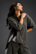 Load image into Gallery viewer, Relaxed Warm Grey Co-ord With Loose-fit Dramatic-sleeve Shirt And Wide-leg Pants With Metallic Side Panels.
