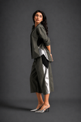 Load image into Gallery viewer, Relaxed Dark Green Co-ord With Loose-fit Dramatic-sleeve Shirt And Wide-leg Pants With Metallic Side Panels.
