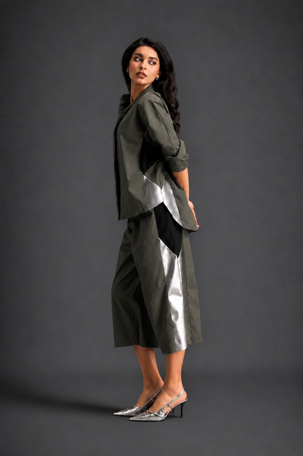 Relaxed Dark Green Co-ord With Loose-fit Dramatic-sleeve Shirt And Wide-leg Pants With Metallic Side Panels.