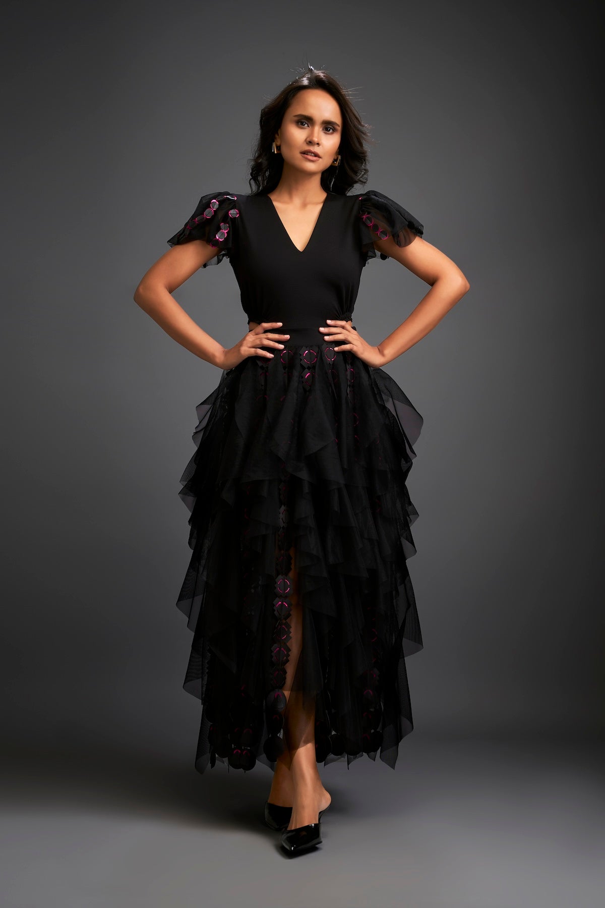 Fitted V-neck Top With Ruffled Sleeves And Sheer Cutwork Skirt