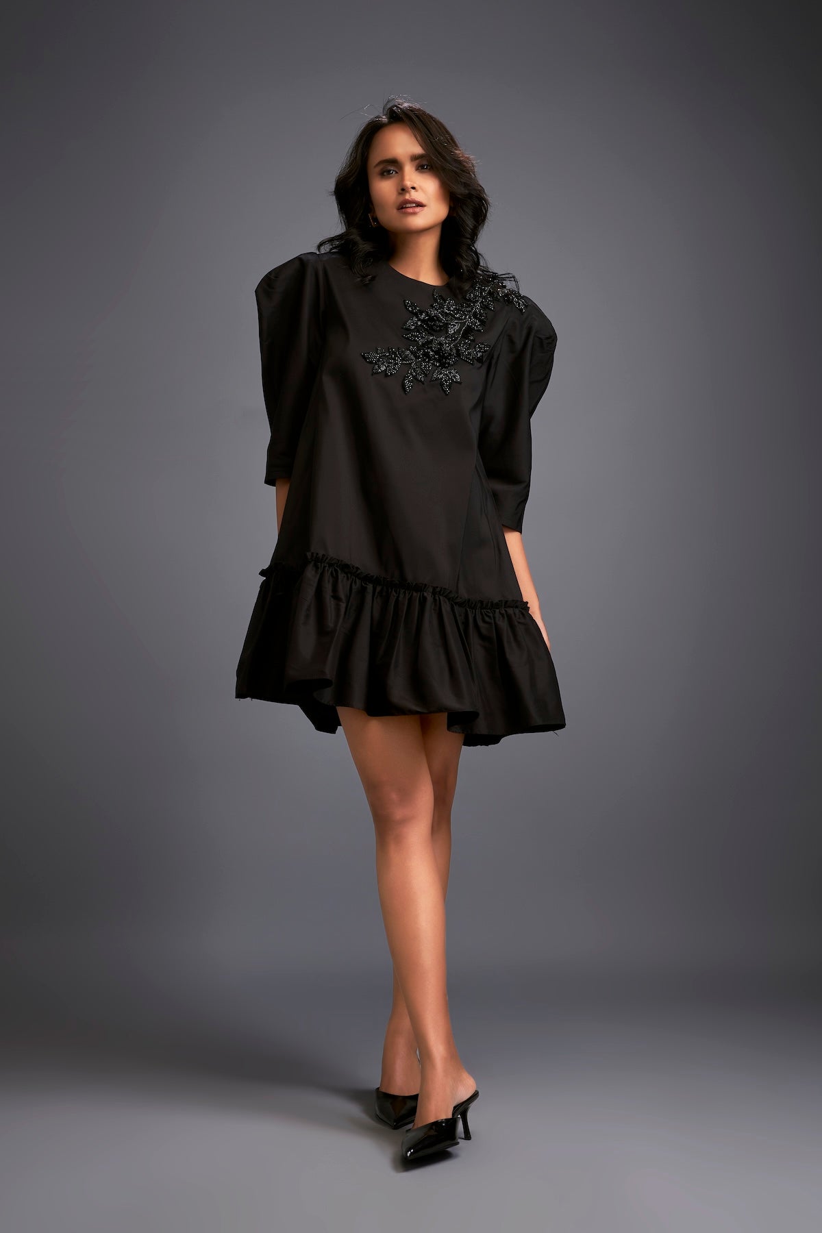 Puff-sleeve Dress With Swarovski Floral Appliqué