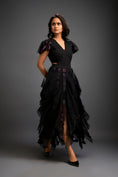 Load image into Gallery viewer, Fitted V-neck Top With Ruffled Sleeves And Sheer Cutwork Skirt
