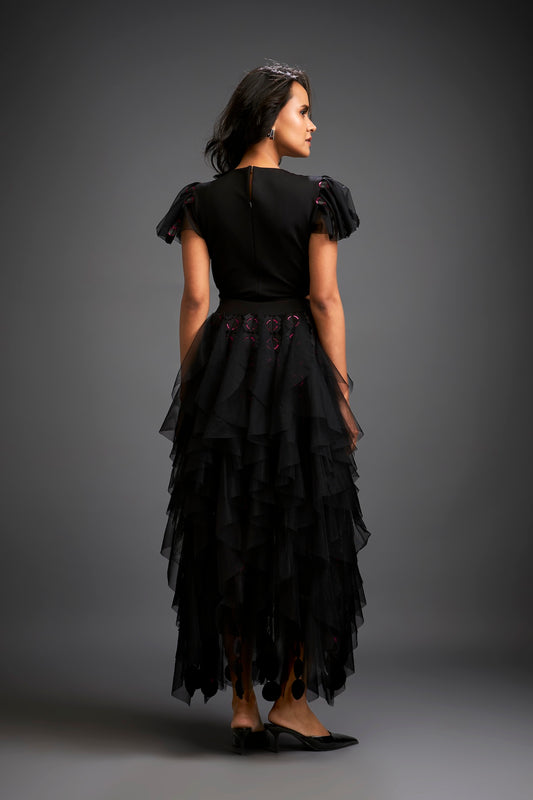 Fitted V-neck Top With Ruffled Sleeves And Sheer Cutwork Skirt