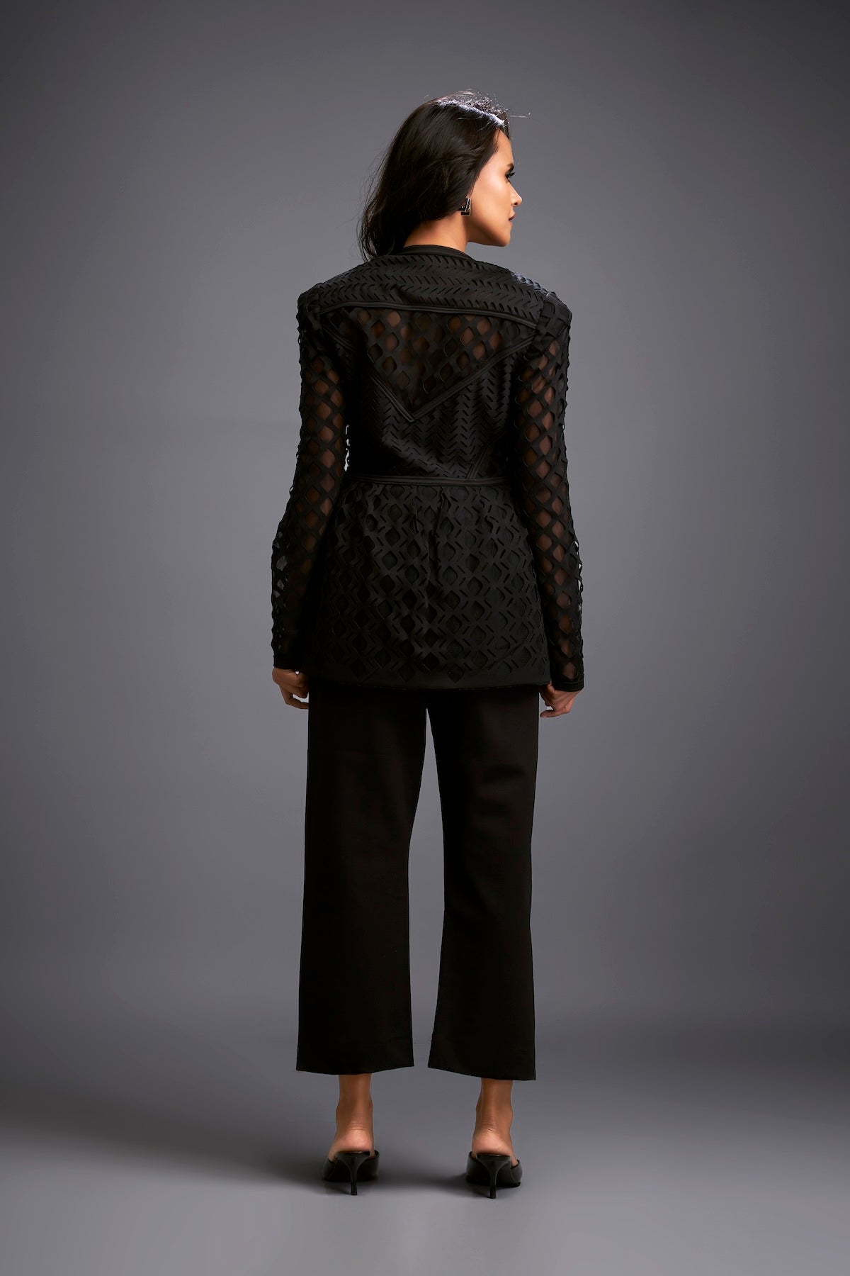 Semi-Sheer Geometric Cutout Jacket With Pants