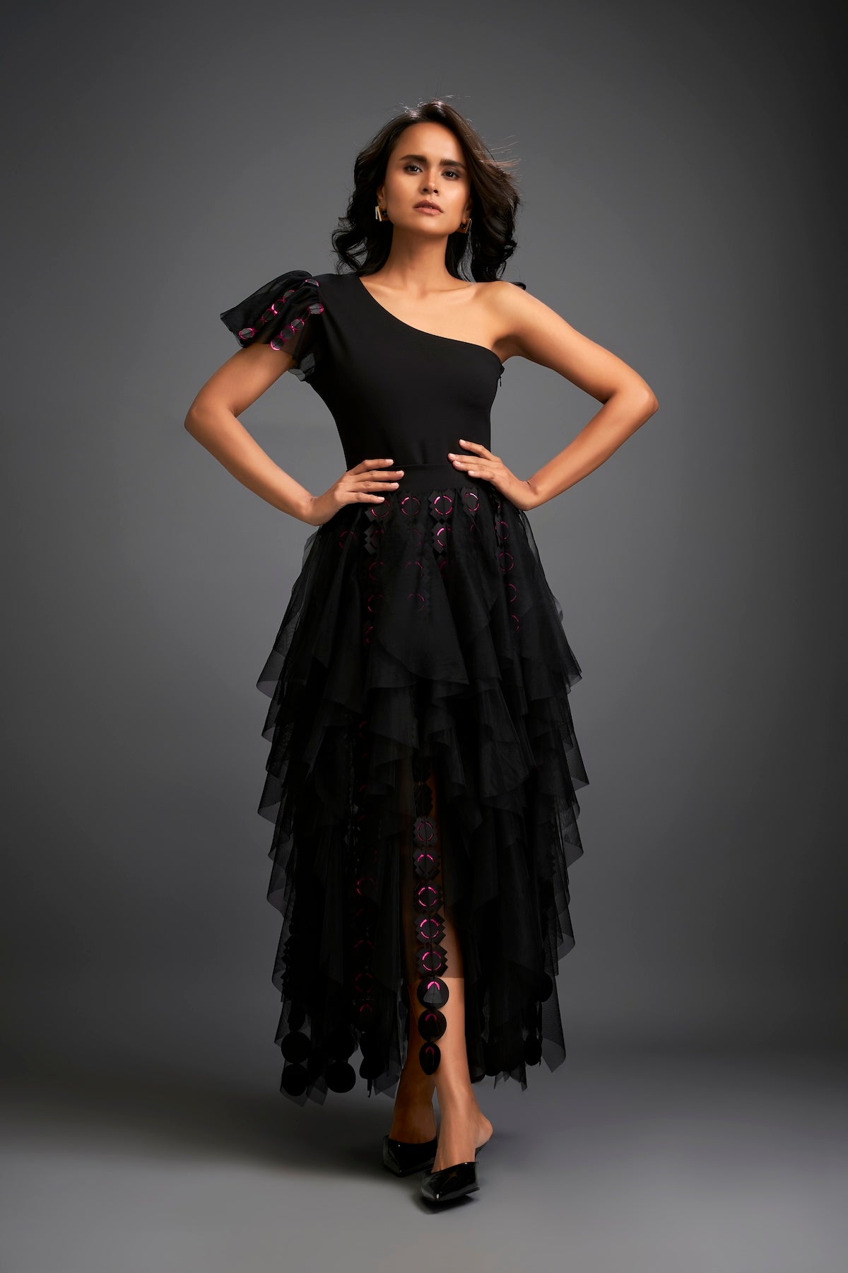 One-shoulder Asymmetrical Co-ord With Tiered Tulle Skirt