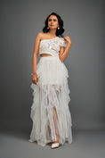 Load image into Gallery viewer, White Hand Embroidered One Shoulder Ruffle Dress With Nnet Ruffles & Cutwork Detailing
