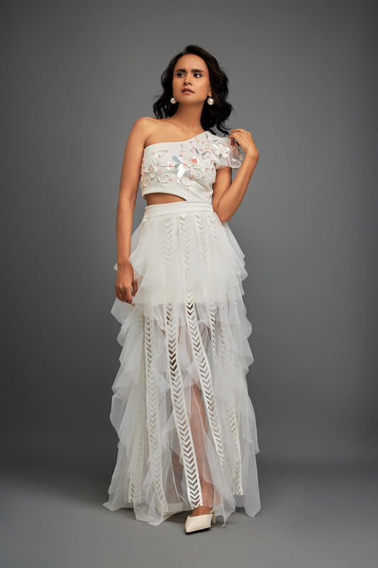 White Hand Embroidered One Shoulder Ruffle Dress With Net Ruffles & Cutwork Detailing