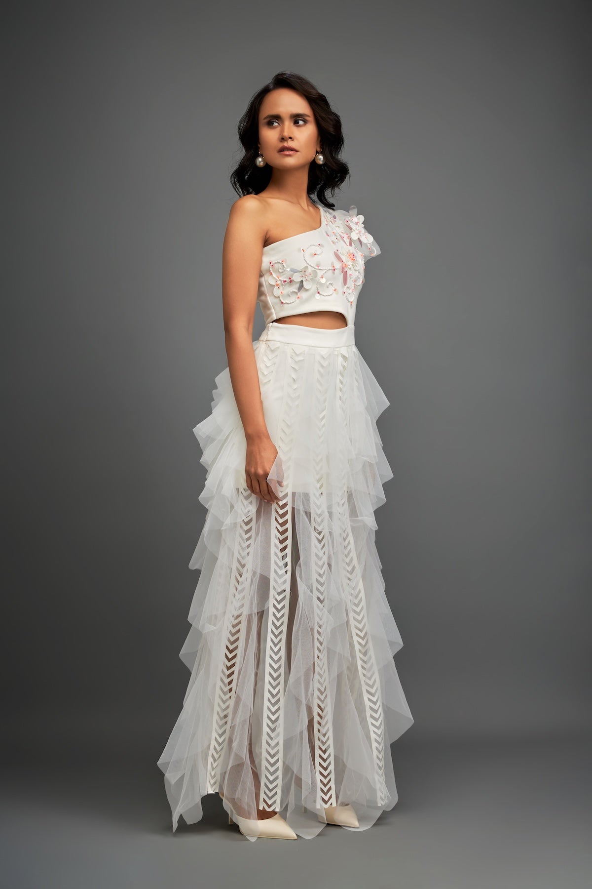 White Hand Embroidered One Shoulder Ruffle Dress With Net Ruffles & Cutwork Detailing