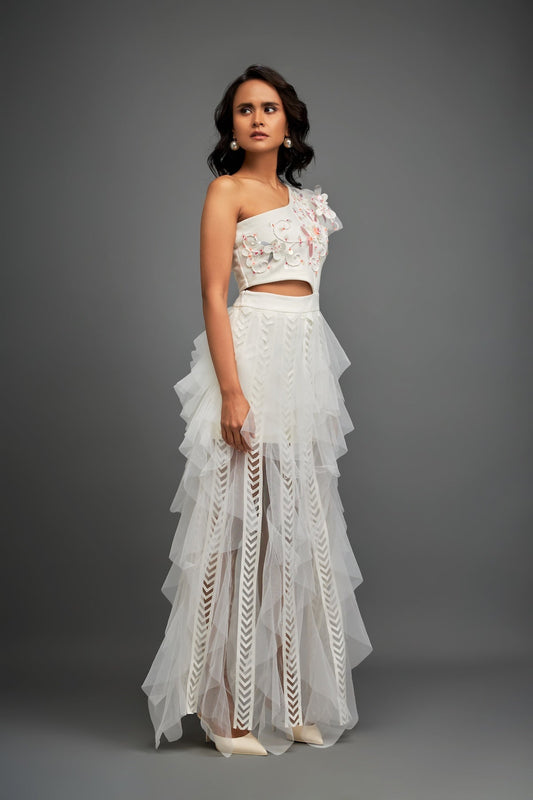 White Hand Embroidered One Shoulder Ruffle Dress With Net Ruffles & Cutwork Detailing