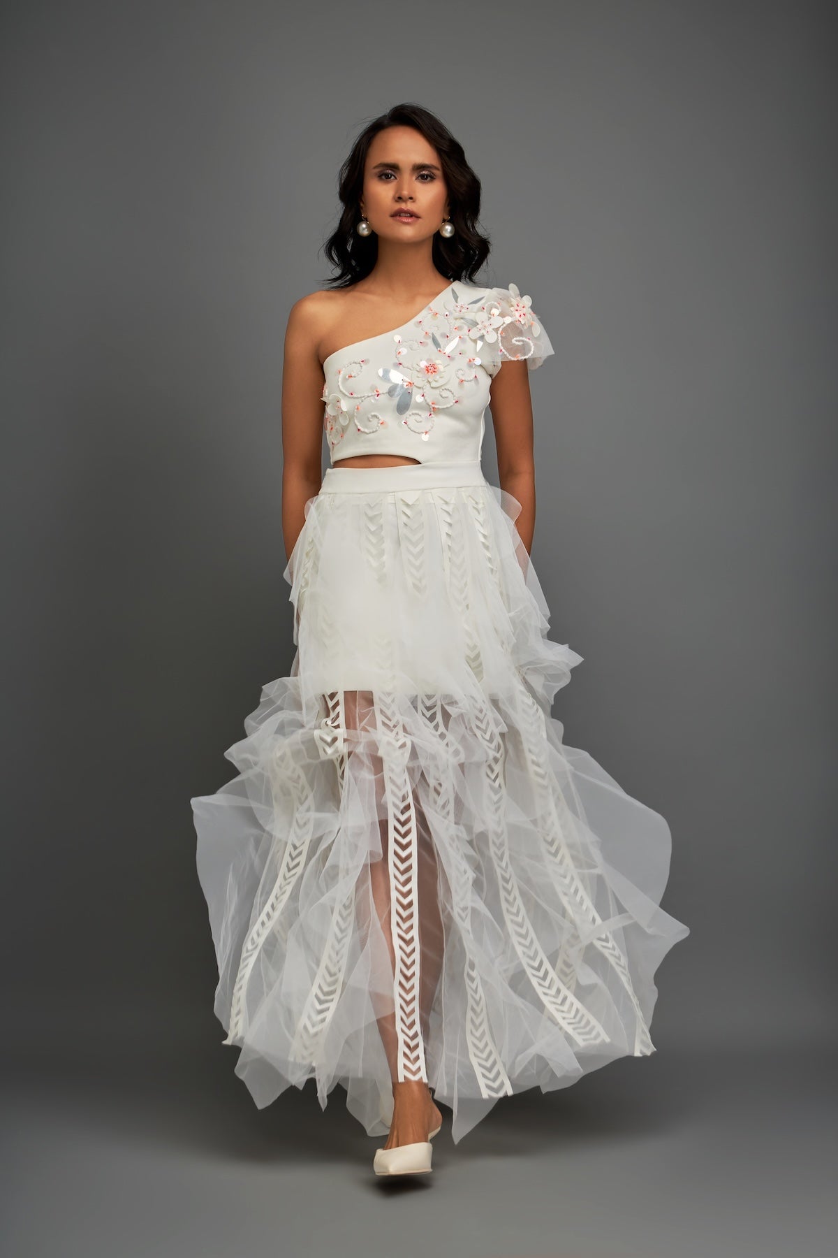 White Hand Embroidered One Shoulder Ruffle Dress With Net Ruffles & Cutwork Detailing