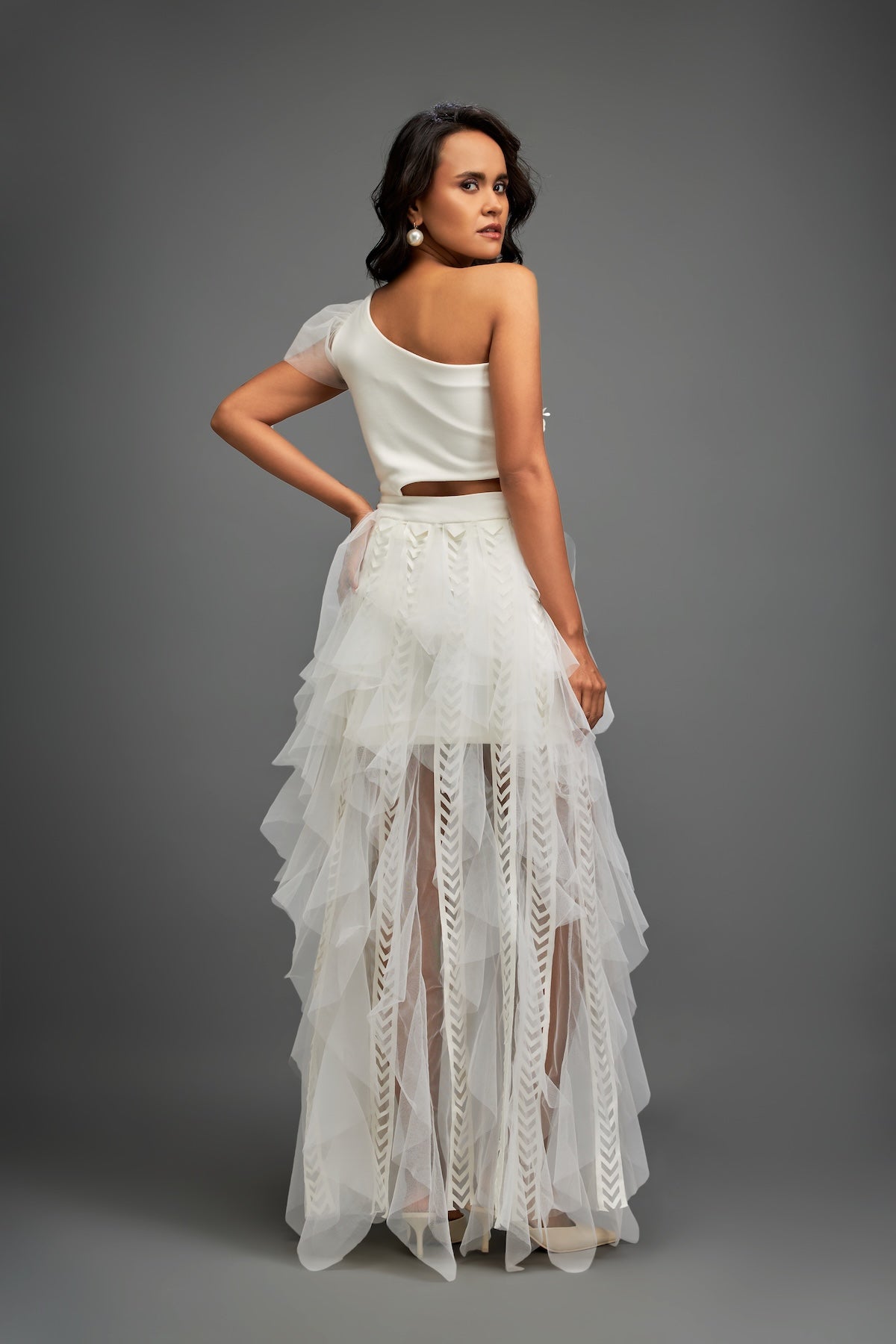 White Hand Embroidered One Shoulder Ruffle Dress With Net Ruffles & Cutwork Detailing