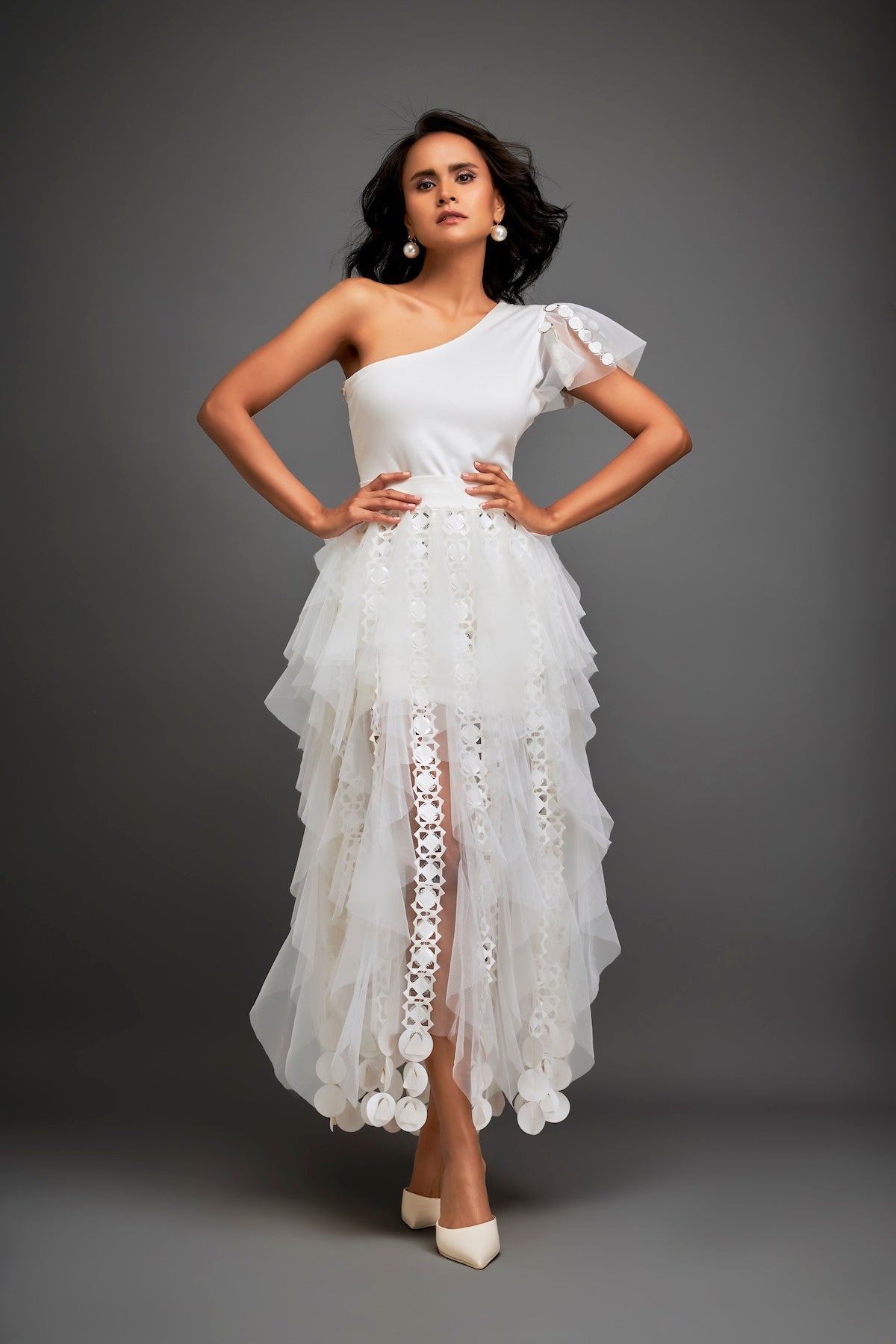 One-shoulder Asymmetrical Co-ord With Tiered Tulle Skirt