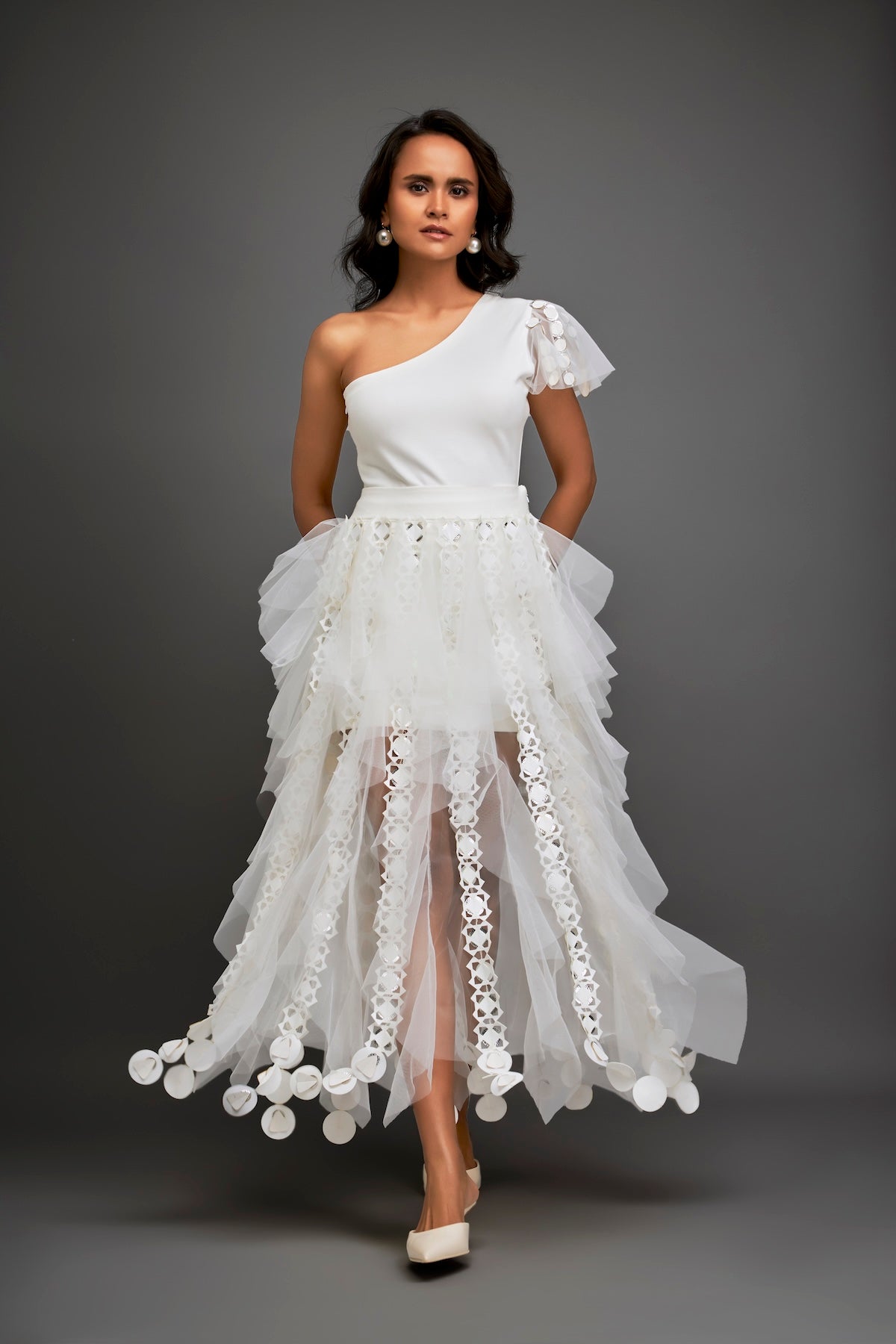 One-shoulder Asymmetrical Co-ord With Tiered Tulle Skirt