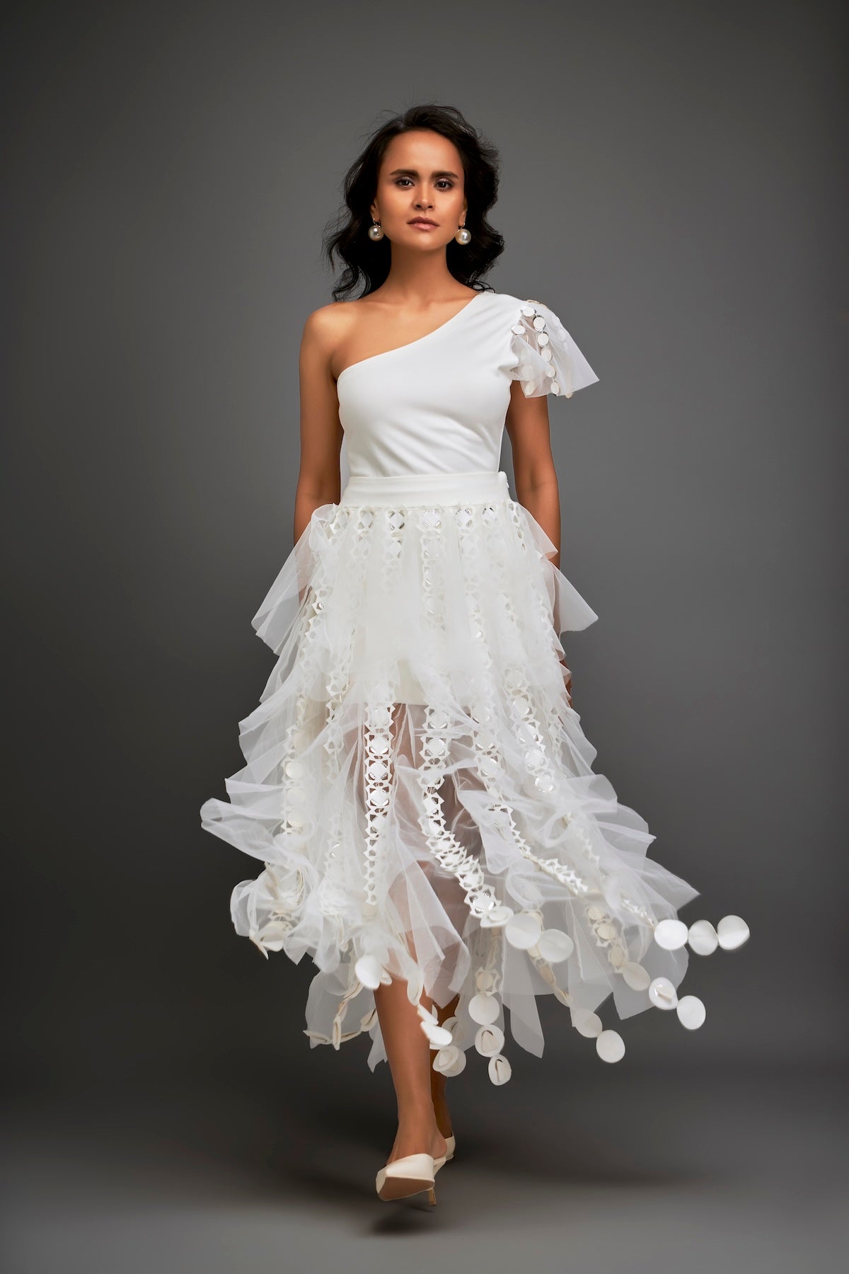 One-shoulder Asymmetrical Co-ord With Tiered Tulle Skirt