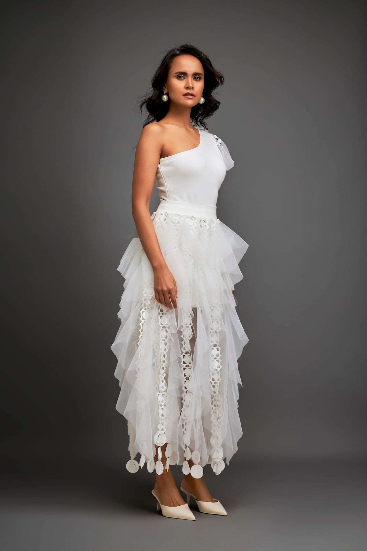 One-shoulder Asymmetrical Co-ord With Tiered Tulle Skirt