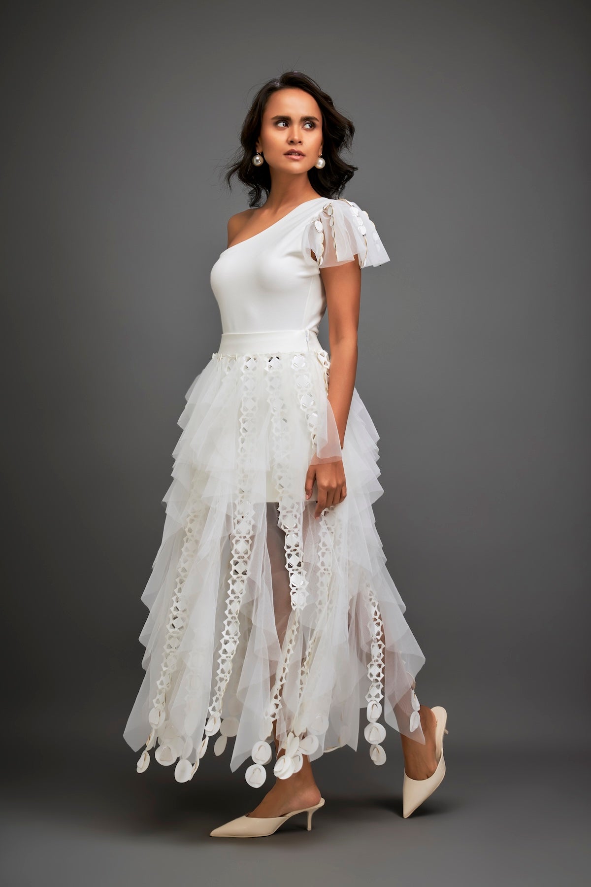 One-shoulder Asymmetrical Co-ord With Tiered Tulle Skirt