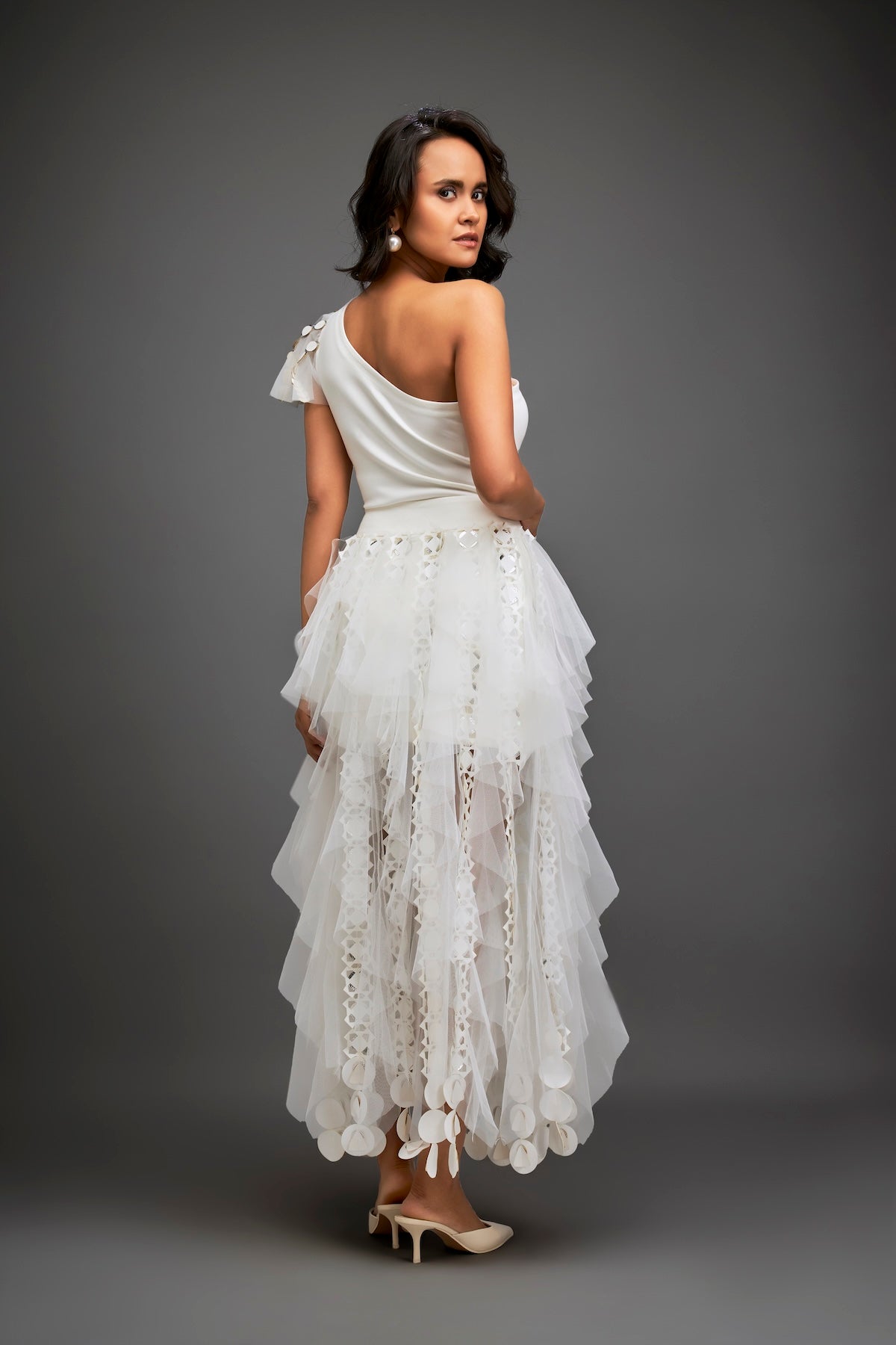 One-shoulder Asymmetrical Co-ord With Tiered Tulle Skirt