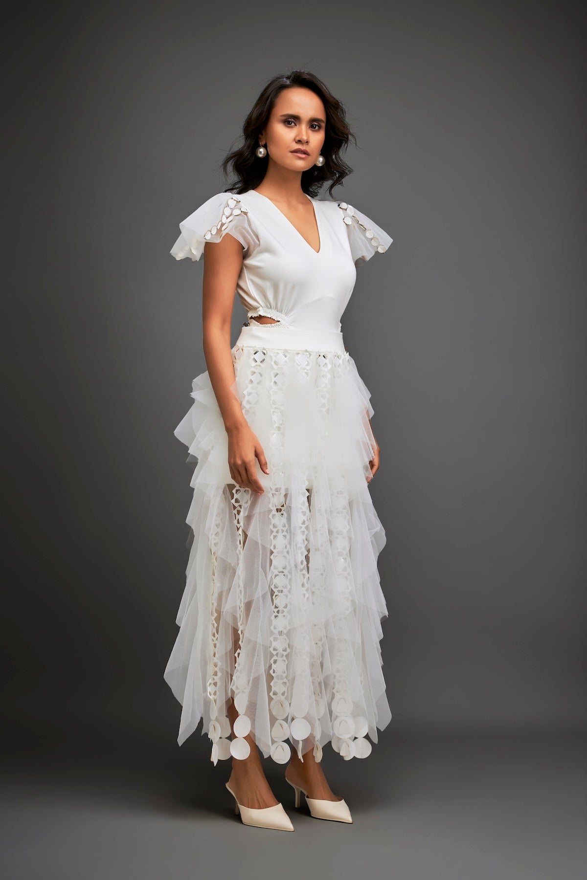 Fitted V-neck Top With Ruffled Sleeves And Sheer Cutwork Skirt