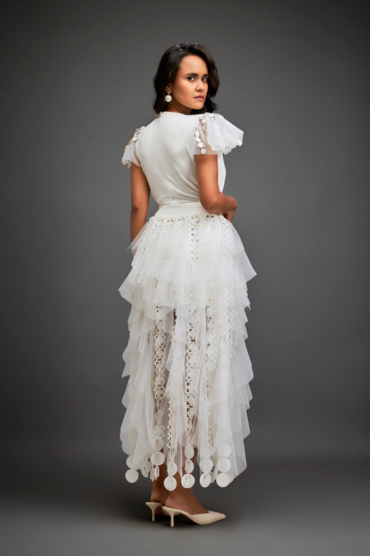 Fitted V-neck Top With Ruffled Sleeves And Sheer Cutwork Skirt