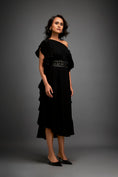 Load image into Gallery viewer, Asymmetrical Off-Shoulder Dress And Metallic Waist Belt
