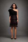 Load image into Gallery viewer, Asymmetrical Top With Puff Sleeve With Metallic Pink Geometric Skirt
